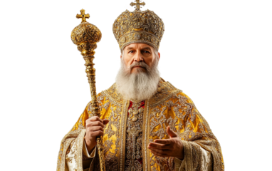 Orthodox bishop holding an ornate staff and blessing followers in a ceremonial religious context isolated on transparent background PNG