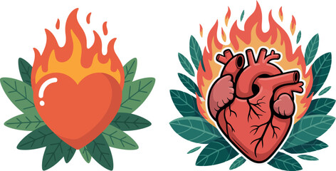 Two hearts are depicted on a background of green leaves, with one showing a stylized heart shape and the other a realistic anatomical heart, both engulfed in flames. 