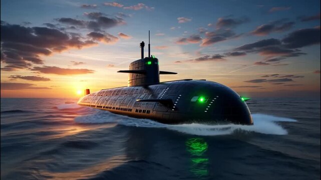 A formidable submarine glides through the ocean at sunset, its sleek hull cutting through the water as it navigates the tranquil sea under a colorful sky ai generated vedio