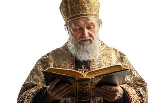 Religious leader in traditional Orthodox robes delivering a Christmas message to congregation with solemn reverence isolated on transparent background PNG