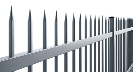 Illustration of closeup of a silver metal fence with sharp spikes, isolated on transparent background