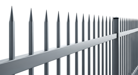 Illustration of closeup of a silver metal fence with sharp spikes, isolated on transparent background