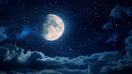 Fototapeta premium A night sky desktop wallpaper with a bright full moon and sparkling stars 