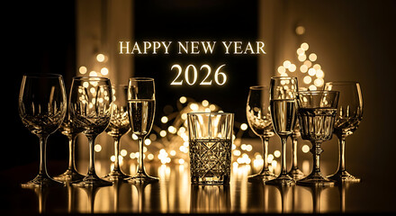 Happy ney year 2026  happy new year 2026 celebration with champagne glasses and christmas lights festive holiday party background