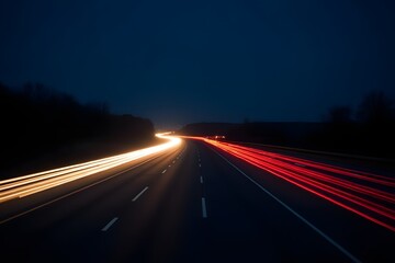 Obraz premium A glowing highway at night with streaking car lights. 