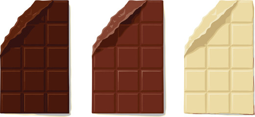 Chocolate bar vector illustration set with dark chocolate, milk chocolate, and white chocolate pieces, sweet dessert snack food design