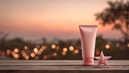 A pinkish cosmetic tube sits on a weathered wooden surface against a blurred sunset backdrop, creating a serene and tranquil scene.