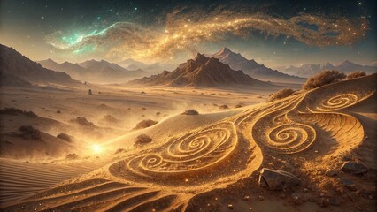 Fantasy Desert Dreamscape with Celestial Sandstorm and Mountains