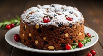 Traditional Christmas fruit cake with powdered sugar