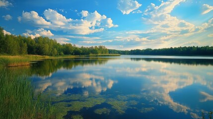 A peaceful lakeside desktop wallpaper with calm water reflecting the sky