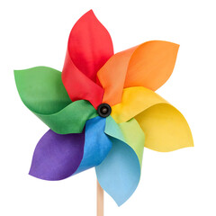 Colorful rainbow pinwheel toy with multicolored blades isolated on the transparent background for kids and garden decoration