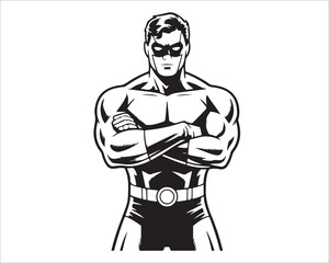 Superhero silhouette vector illustration in black and white comic style