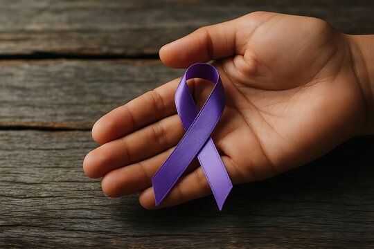 Hand holding a purple awareness ribbon on a wooden background.