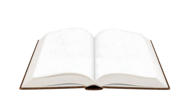 Open blank book with white pages isolated on the transparent background, hardcover education journal for customizable text or design, copy space template for writing and creativity projects