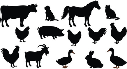 Farm animals silhouette vector illustration set including cow, horse, goat, pig, chickens, rooster, duck, rabbit, cat, dog for design decoration