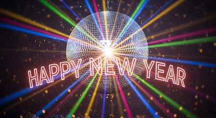 Happy ney year 2026  happy new year disco ball celebration party background with colorful light rays and confetti effect