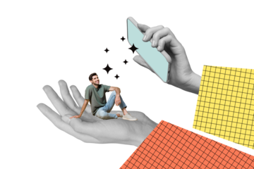 Composite photo collage of human hand show new latest model smartphone flash addiction happy man sit palm isolated on painted background