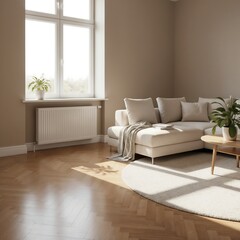 Modern living room interior with cozy sofa and natural light  