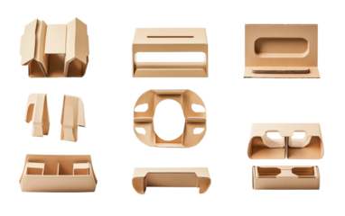 Pack of folding carton boxes in eco tones highlighting sustainable packaging and environmentally friendly design isolated on transparent background PNG