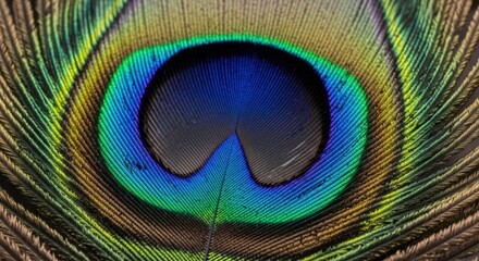 Naklejka premium Intricate close-up macro view of a peacock feather eye detailed colors and textures of nature