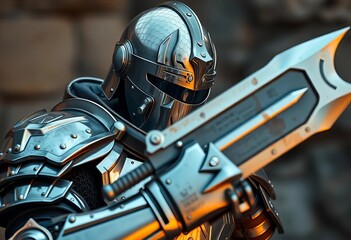 Fototapeta premium Steel armor gleams, weapon held at the ready, poised for conflict, attack, defense