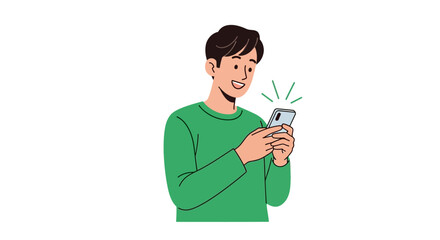 A smiling young man happily engaging with his smartphone, embodying modern digital connection and the convenience of mobile technology for seamless online communication and daily interaction