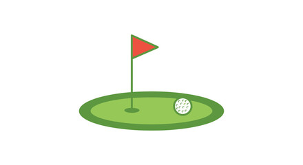 A simple illustration depicting a golf flag green and golf ball