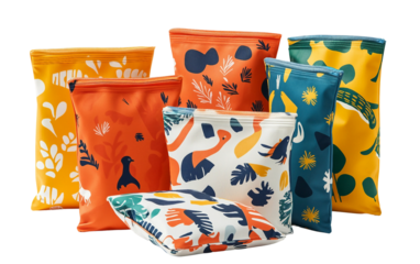 Reusable zippered snack bags promoting zero waste and environmentally conscious lifestyle isolated on transparent background PNG