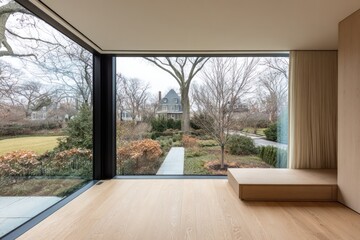 Fototapeta premium A modern, minimalist interior space showcases expansive windows, providing a tranquil view of a landscaped garden and neighborhood.