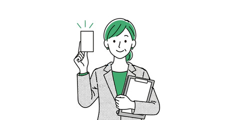 Business professional presenting a blank card, symbolizing decision-making, policy enforcement, or a clear evaluation, while holding a clipboard, representing a structured review process