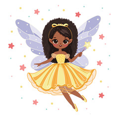 Fototapeta premium Cute African American fairy girl flies in the sky with wings and a magic wand on white background. Poster, Banner, Flyer, Greeting Card. Vector illustration in flat cartoon style