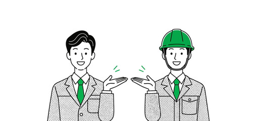 Two professional men, one in business attire and one in a hard hat, collaborating and presenting solutions, symbolizing diverse industry partnership and service