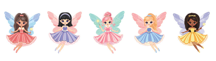 Set of cute different multicultural fairy girls with wings and a magic wand on white background. Poster, Banner, Flyer, Greeting Card. Vector illustration in flat cartoon style