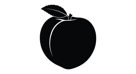 Simple black and white silhouette of a peach with a single leaf