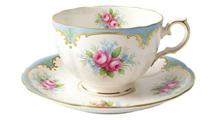 Illustration of elegant vintage porcelain teacup and saucer with pink roses and blue trim, isolated on transparent background