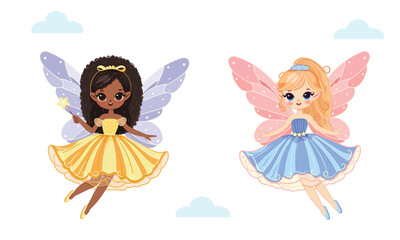 Cute different multicultural fairy girls flies in the sky with wings and a magic wand on white background. Poster, Banner, Flyer, Greeting Card. Vector illustration in flat cartoon style
