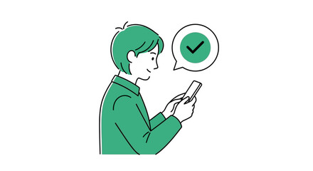 Illustration of a person checking their mobile phone, receiving a successful confirmation message with a green checkmark, symbolizing verified digital interaction or task completion