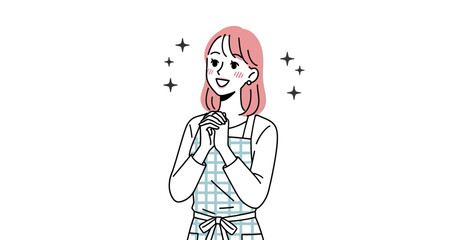 A joyful young woman with pink hair, wearing a checkered apron, looks upward with a hopeful and optimistic expression, hands clasped, embodying positivity and readiness for success