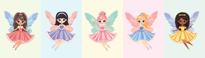 Set of cute different multicultural fairy girls with wings and a magic wand on color background. Poster, Banner, Flyer, Greeting Card. Vector illustration in flat cartoon style © Marta Vitek