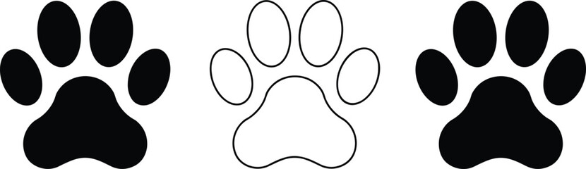 Paw print vector icons set with dog cat animal footprints in solid and outline styles for pet logo, veterinary, wildlife, and design use