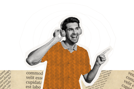 Composite photo collage of happy guy wear headphones listen pop music dance finger event leisure hobby radio isolated on painted background