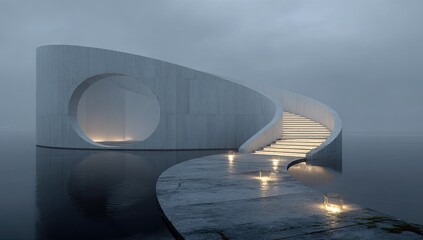 Fototapeta premium Misty, curved concrete structure over water