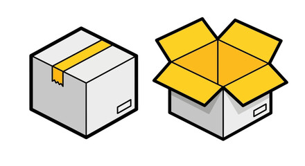 Isometric illustration of cardboard boxes one closed and taped for shipping, one open and empty. Ideal for logistics and e-commerce