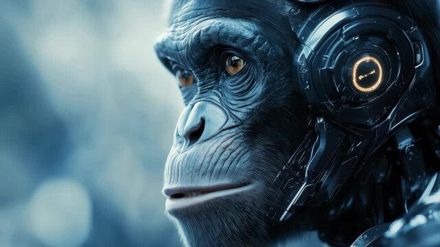 In a cold, blue toned setting, a futuristic cyborg ape wearing advanced robotic headphones turns to speak, showcasing the seamless blend of artificial intelligence and natural elements