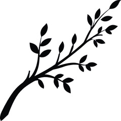 Black silhouette of a tree branch with leaves on a white background