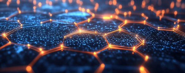 A futuristic digital network of hexagons illuminated by glowing orange lines against a dark background.