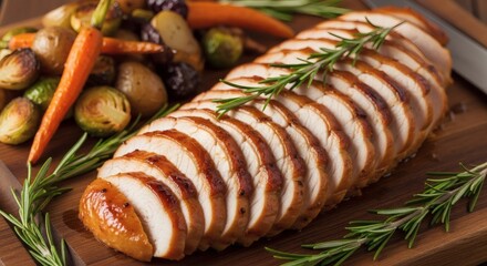 Roasted turkey breast slices with rosemary and vegetables on a wooden cutting board for thanksgiving