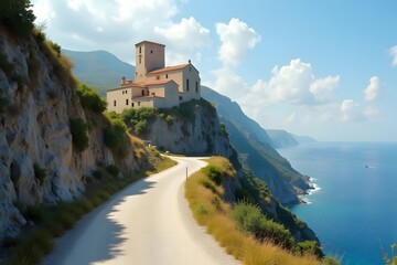 A cliffside road with ancient ruins perched nearby.