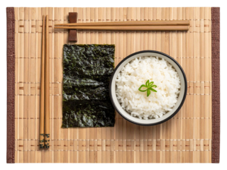 Sushi rice with nori seaweed and chopsticks on bamboo mat, top view isolated on transparent background