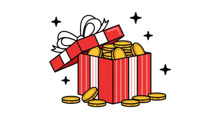 Vibrant illustration of a striped gift box overflowing with shiny gold coins, representing digital rewards, financial success, and online wealth accumulation concepts